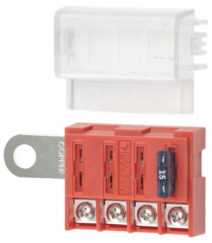 Blue Sea 4-circuit battery terminal fuse block with clear insulating cover and screw terminals for ATO fuses