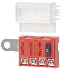 Blue Sea 4-circuit battery terminal fuse block with clear insulating cover and screw terminals for ATO fuses