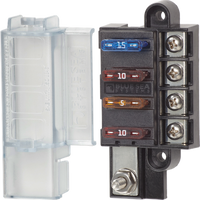Compact 4-circuit blade fuse block with clear insulating cover and tin-plated terminals