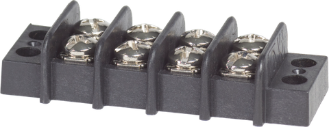 4-circuit terminal block with black plastic housing and eight nickel-plated screw terminals