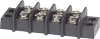 4-circuit terminal block with black plastic housing and eight nickel-plated screw terminals