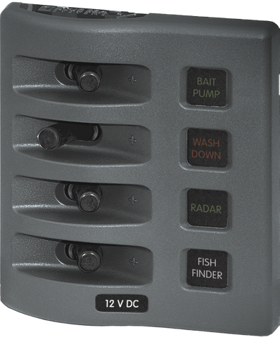 Gray Blue Sea 12V 4-circuit marine fuse panel with waterproof toggle switches and backlit labels