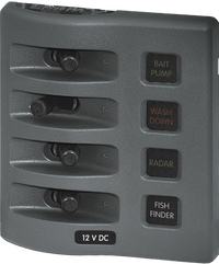 Gray Blue Sea 12V 4-circuit marine fuse panel with waterproof toggle switches and backlit labels