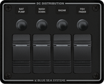 Black 4-position DC distribution panel with rocker switches and waterproof push-button circuit breakers
