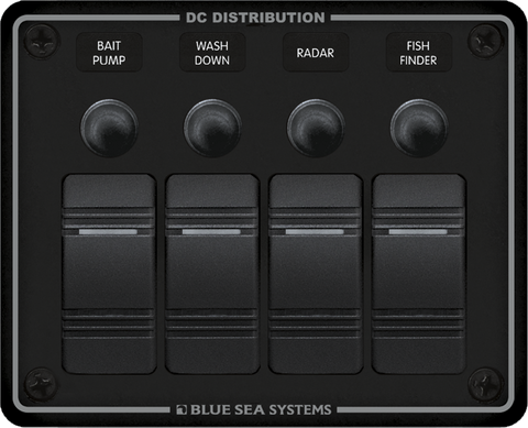 Black 4-position DC distribution panel with rocker switches and waterproof push-button circuit breakers