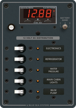 12V DC distribution panel with 5 circuits, integrated digital multimeter and battery bank selector