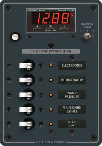 12V DC distribution panel with 5 circuits, integrated digital multimeter and battery bank selector