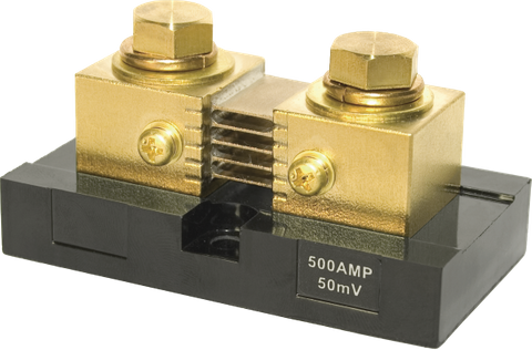 Blue Sea 500A 50mV DC shunt with brass terminal blocks and ammeter sense terminals on insulated base