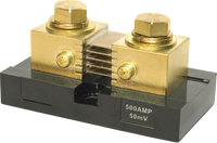 Blue Sea 500A 50mV DC shunt with brass terminal blocks and ammeter sense terminals on insulated base
