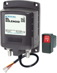 Blue Sea 500A ML-Series solenoid battery isolator with 22mm copper studs and remote rocker switch