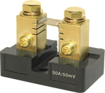 Blue Sea 50A 50mV DC shunt with brass terminal blocks and black insulating base for DC ammeters