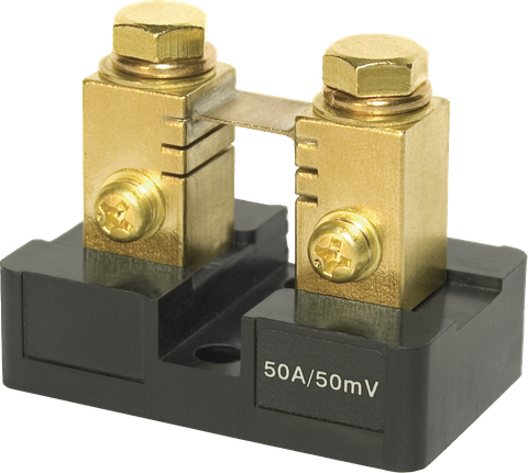 Blue Sea 50A 50mV DC shunt with brass terminal blocks and black insulating base for DC ammeters