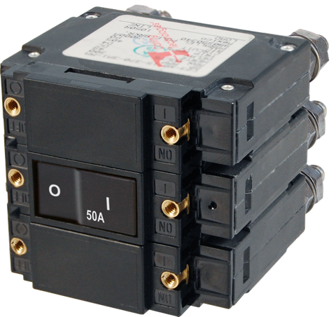 Blue Sea C-Series triple-pole 50A AC circuit breaker with flat black rocker switch