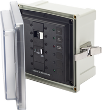 Grey panel enclosure with clear hinged cover showing internal 50A ELCI circuit breaker and LED indicators