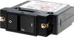 Black 50A single-pole A-series flat rocker circuit breaker with brass mounting inserts