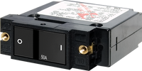 Black 50A single-pole A-series flat rocker circuit breaker with brass mounting inserts