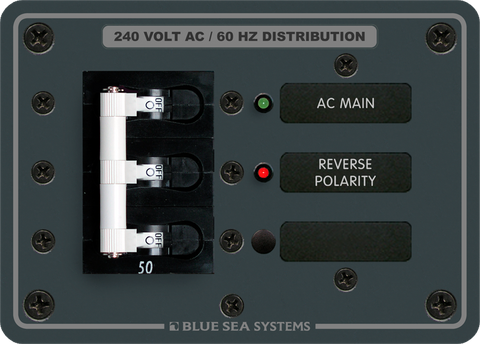 Front view of black 240V AC 50A triple pole main distribution panel with red and green indicator LEDs