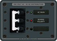 Front view of black 240V AC 50A triple pole main distribution panel with red and green indicator LEDs