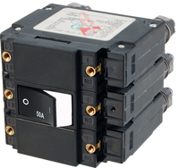 Blue Sea 50A triple-pole circuit breaker with white raised rocker switch and threaded mounting holes