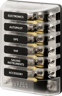 6-circuit 3AG glass fuse block with clear insulating cover and labelled circuits for marine electronics