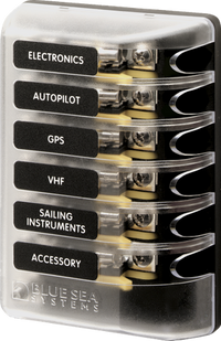 Blue Sea 6-circuit 3AG glass fuse block with clear insulating cover and circuit labels
