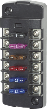 6-circuit ST blade independent fuse block with tinned copper terminals and installed fuses