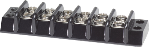 Six circuit 30A terminal block with black insulated base and twelve screw terminals