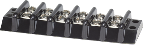 Black 6 circuit terminal block with 12 screw terminals and raised barriers for circuit isolation