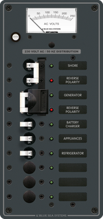 Vertical 230V AC distribution panel with analogue voltmeter, source lockout slide and six circuit positions