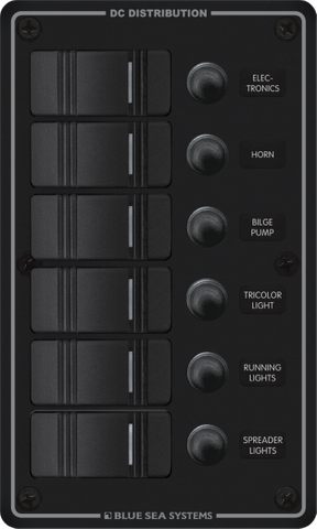 Black 6-position marine DC switch panel with Contura rocker switches and waterproof circuit breakers