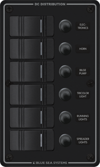 Black 6-position marine DC switch panel with Contura rocker switches and waterproof circuit breakers