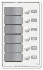 White 6 position marine DC distribution switch panel with Contura rocker switches and circuit breakers