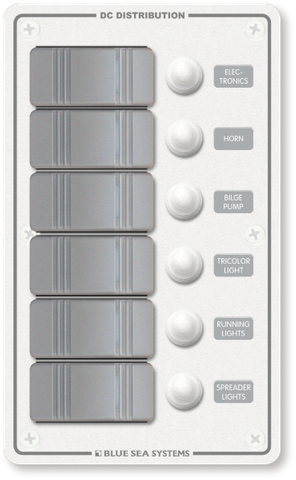 White 6 position marine DC distribution switch panel with Contura rocker switches and circuit breakers