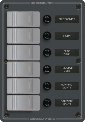 Slate grey 6-position marine fused switch panel with rocker switches and fuse holders
