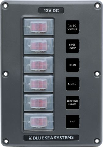 Gray 6-position marine circuit breaker switch panel with water-resistant clear rocker switch boots