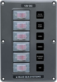 Gray 6-position marine circuit breaker switch panel with water-resistant clear rocker switch boots