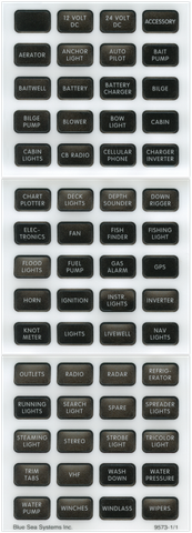 Sheet of 60 small black DC switch labels with white text including bilge, lights and battery