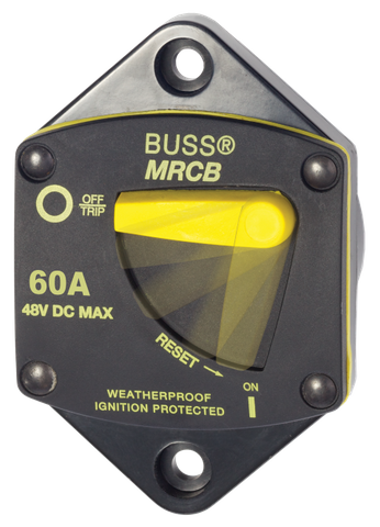 Blue Sea 60A panel mount thermal circuit breaker with yellow reset lever and ignition protected label