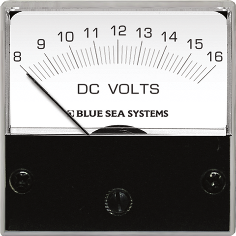 Analogue 8-16V DC micro voltmeter with white face and black bezel