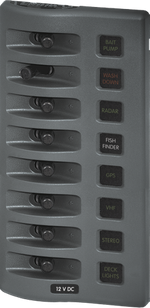 Gray 8-circuit 12V DC marine fuse panel with waterproof toggle switches and backlit labels