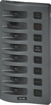 Gray 8-circuit 12V DC marine fuse panel with waterproof toggle switches and backlit labels
