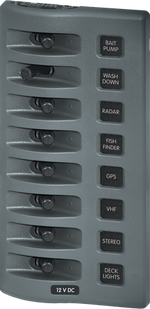 Gray 8-position waterproof 12V DC marine switch panel with integrated toggle switch guards and labels