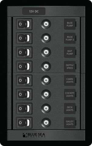 Blue Sea 8-position vertical 12V DC distribution panel with 10A circuit breakers and rocker switches