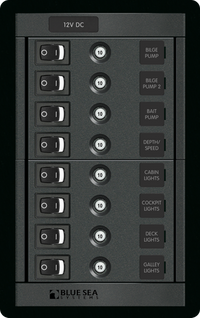 Blue Sea 8-position vertical 12V DC distribution panel with 10A circuit breakers and rocker switches