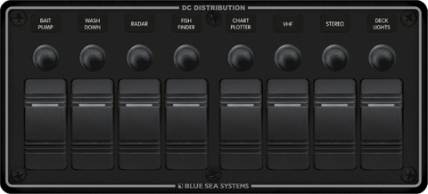 Black 8 position marine switch panel with waterproof circuit breakers and rocker switches