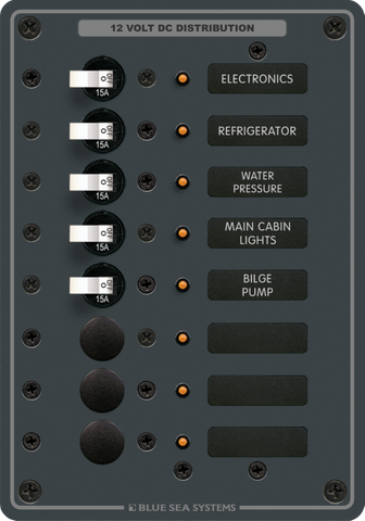 Blue Sea 8-position 12V DC distribution panel with 15A toggle circuit breakers and backlit labels