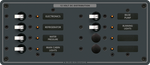 Front view of 8-position DC distribution panel with toggle switches, LED indicators and backlit labels