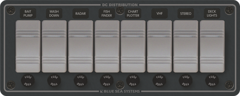 Blue Sea 8 position marine switch panel in slate grey with fused rocker switches and LED status lights