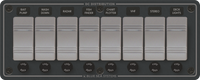 Blue Sea 8 position marine switch panel in slate grey with fused rocker switches and LED status lights
