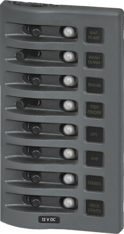 8-position 12V DC weatherproof marine switch panel in gray with toggle switches and status LEDs